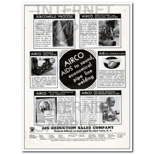 AIR REDUCTION SALES COMPANY 1934 AIRCO pipe line welding vintage ad