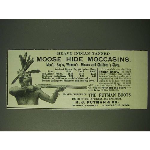 1900 H.J. Putman & Co. Moose Hide Moccasins Ad - Heavy Indian Tanned Moose Hide
