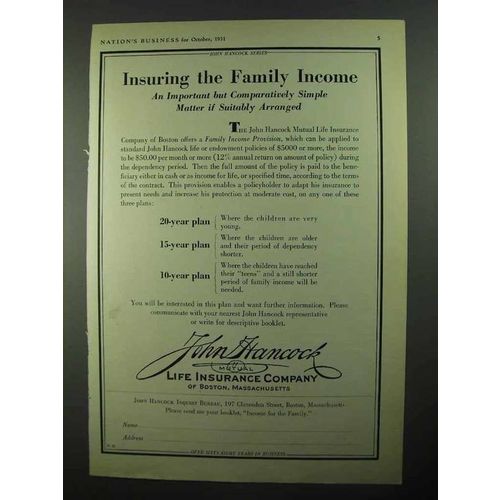 1931 John Hancock Life Insurance Ad - Family Income
