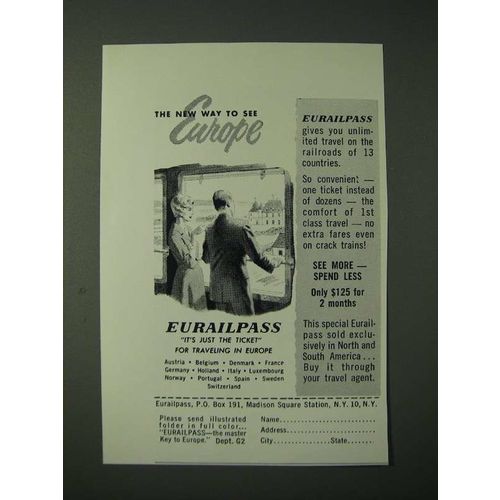 1960 Eurailpass Train Ticket Ad - The new way to see Europe