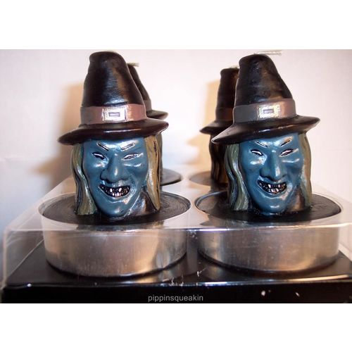 1 bx of 4 Memento Mori Halloween Witch Head Face Tealight Candles Boxed