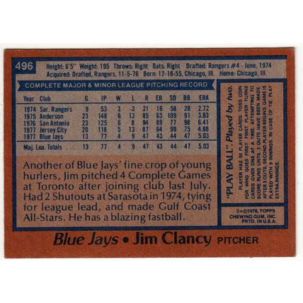 1978 Topps baseball card 496 Jim Clancy – Blue Jays