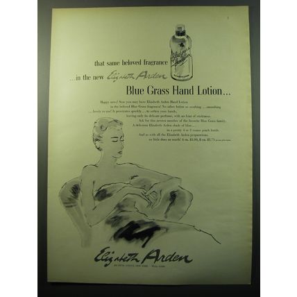 1950 Elizabeth Arden Blue Grass Hand Lotion Ad - that same beloved fragrance