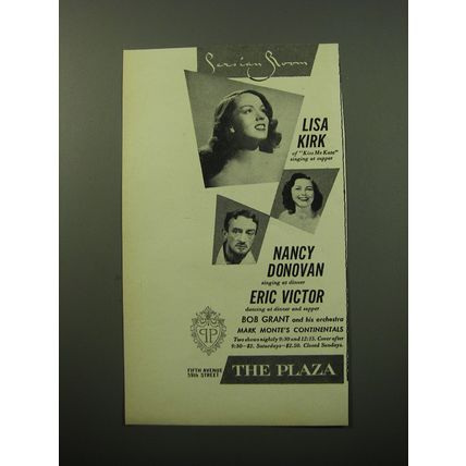 1950 The Plaza Hotel Ad - Lisa Kirk, Nancy Donovan, Eric Victor