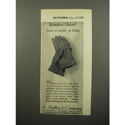 1950 A. Sulka Gloves Ad - Reindeer Gloves! Again available at Sulka