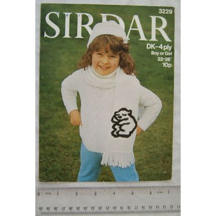 Vintage: Sirdar 3229 children's sweater, bear scarf & cap, DK, 4 ply