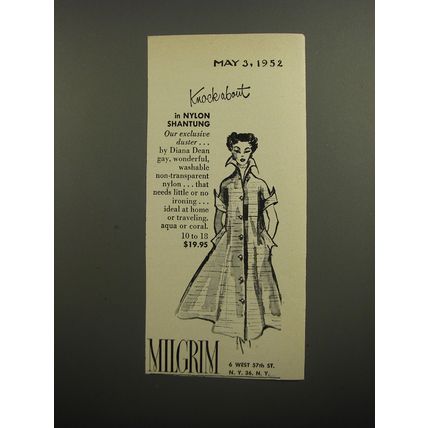 1952 Milgrim Duster by Diana Dean Ad - Knockabout in nylon shantung