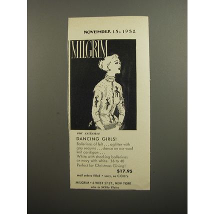 1952 Milgrim Sweater Ad - Our exclusive dancing girls