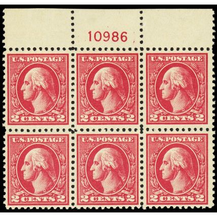 527, Mint NH VF 2¢ Top Plate Block of Six - Stuart Katz
