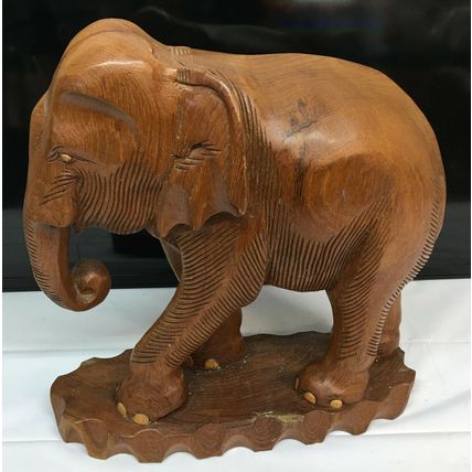 Hand Carved Elephant Solid Wood Sculpture 13.5'' x 14''h vintage wooden