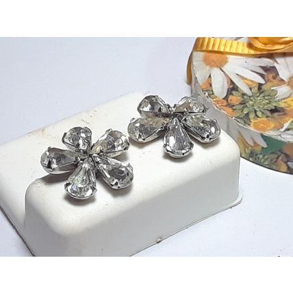 Estate Pear Cut Rhinestone Flower Screw On Phyllis Sterling Silver Earring#18464