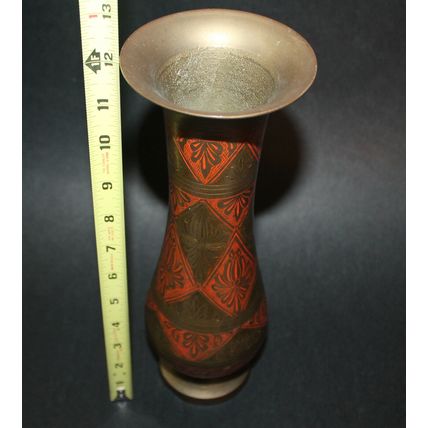 VTG Vase Hand Painted Etched Brass from India Unique Gift Home Decor Staging 12"