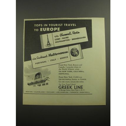 1956 Greek Line Cruise Ad - Tops in tourist travel to Europe