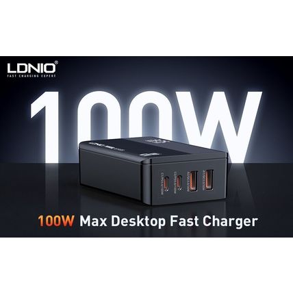 LDNIO 100W GaN Charger PD QC4+ USB C Charging Station 4 Ports UK Plug 5ft Cable