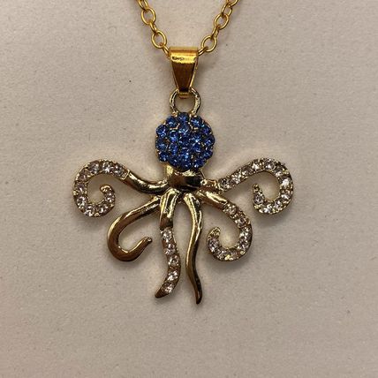 Necklace Blue Rhinestone Octopus Pendant Gold Tone #656