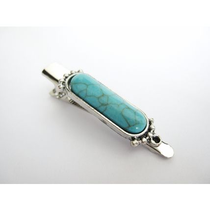 Small turquoise blue stone silver metal alligator hair clip fine thin hair