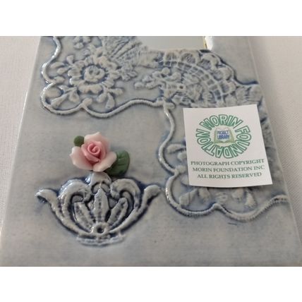 SMALL LIGHT BLUE PORCELAIN TILE MIRROR with IMPRESSED LACE and 3D ROSE