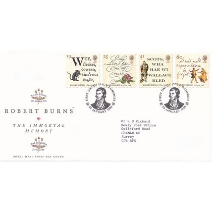 ROYAL MAIL First Day Cover JANUARY 1996 ROBERT BURNS Postmark: DUMFRIES