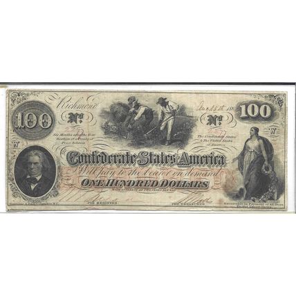 1862 Confederate $100 Bill XF Rare Early Date!