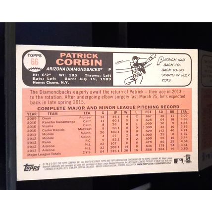 PATRICK CORBIN 2015 TOPPS HERITAGE BASEBALL CARD #66