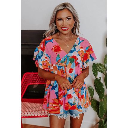 Pink Abstract Print V Neck Flutter Sleeve Blouse