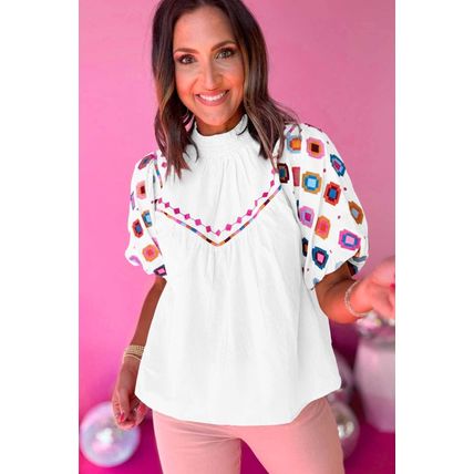 White Embroidered Smocked Neck Puff Sleeve Top