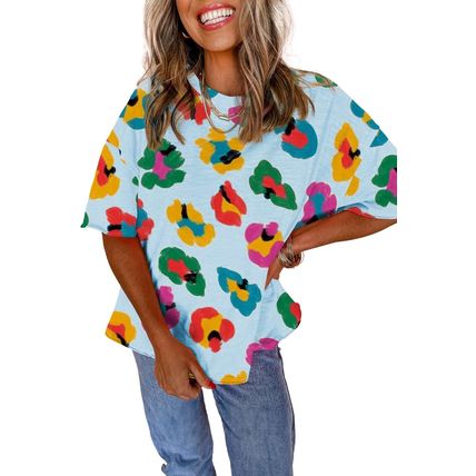 Sky Blue Leopard Drop Shoulder Oversize Tee