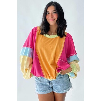 Rose Red Plus Size Colorblock Patchwork Exposed Seam Sweatshirt