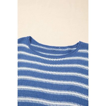 Sky Blue Stripe Drop Shoulder O Neck Plus Size Sweater