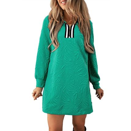 Sea Green Jacquard Textured Quarter Zipper Shift Mini Dress