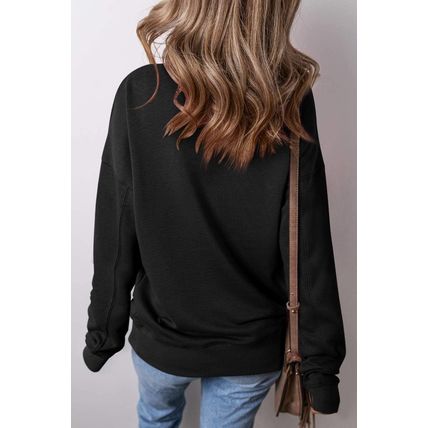 Black Drop Shoulder Crisscross Stitching Pocketed Loose Sweatshirt