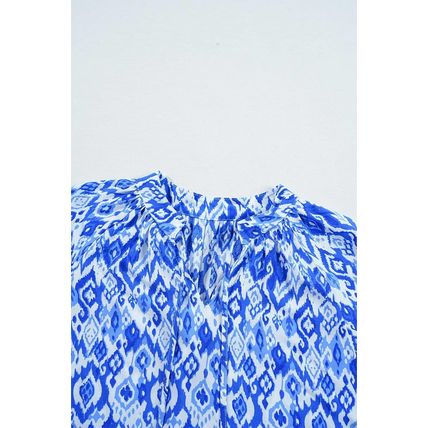 Blue Boho Printed 3/4 Sleeve Tied Neck Blouse