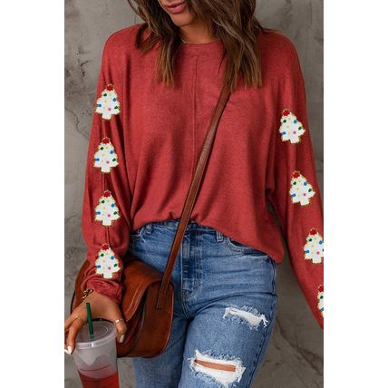 Red Christmas Tree Patch Long Sleeve Casual Top