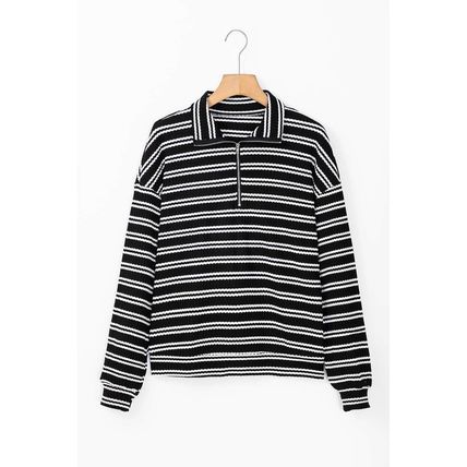 Black Stripe Textured Quarter Zip Collar Long Sleeve Top