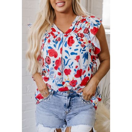 Red Flowers Pintuck Detail V-Neck Ruffled Sleeve Top