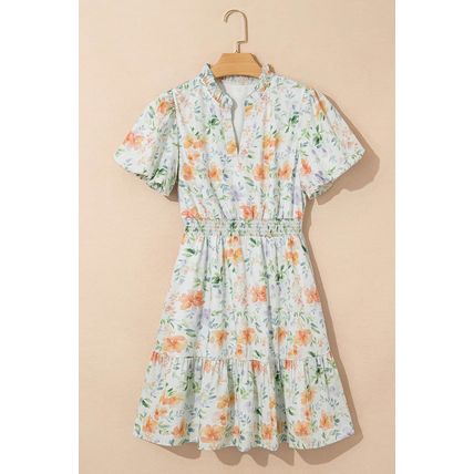 Beige Floral Print Shirred High Waist Puff Sleeve Mini Dress