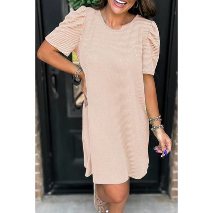 Parchment Corded Knit Crew Neck Puff Sleeve Shift Mini Dress