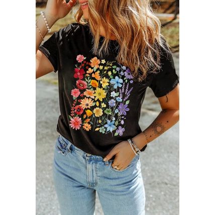 Black Beautiful Flower Print Cotton Blend Casual Tee