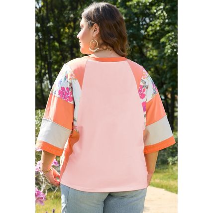 Orange Plus Size Floral Print Patchwork Raglan Half Sleeve Top