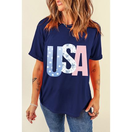Blue USA Graphic July 4th Crew Neck T Shirt