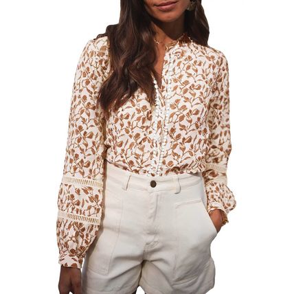 Khaki Printed Lace Detail Floral Puff Sleeve Fall Shirt