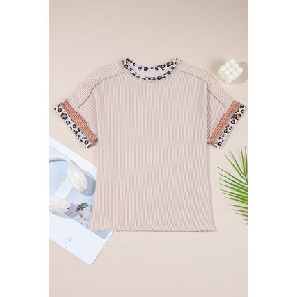 Jet Stream Leopard Patchwork Corded Knit Crew Neck T Shirt