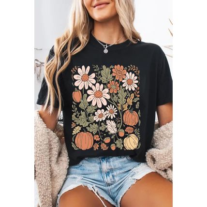 Black Wild Flower Pumpkin Print T Shirt