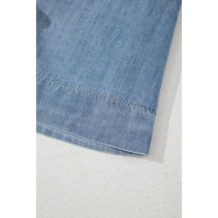 Dusk Blue Tied Front Long Puff Sleeve Denim Top