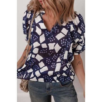 Blue Abstract Print Frilled Puff Sleeve V Neck Blouse
