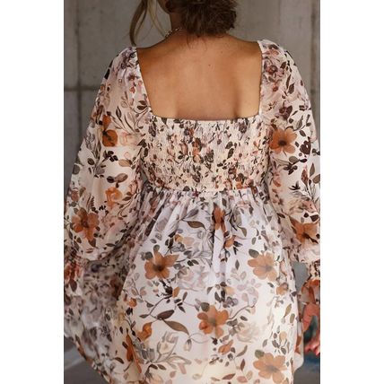 White Floral Print Sweetheart Neck Long Sleeve High Waist Mini Dress