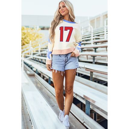 Beige Number 17 Printed Stars Patched Sleeve Cropped Sweatshirt