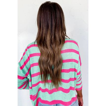 Green Stripe Round Neck Casual Sweater