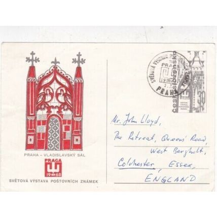 Praga 1968 Stamp Exhibition Postcard special cancel used creased