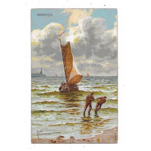 PRINTED ARTIST DRAWN POSTCARD OF FISHING BOAT BRIGHTON SUSSEX ROB KAMMERER(2169)